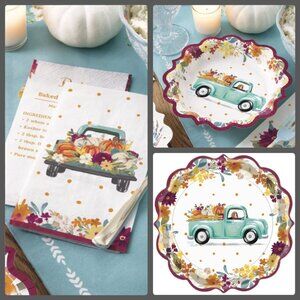 Pioneer Woman Vintage Truck Floral Fall Thanksgiving Paper Plate Napkins 8
